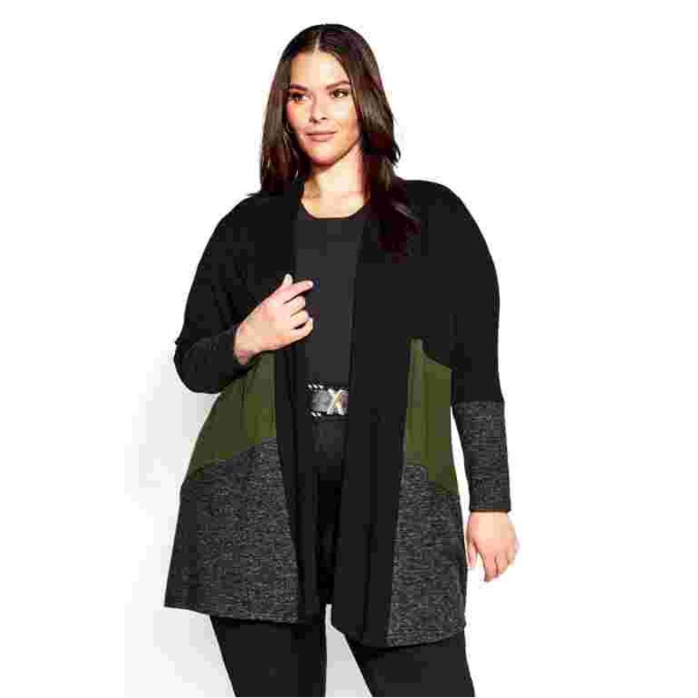 NWT Avenue Open Front Cardigan Color Block Black Khaki Size 22/24